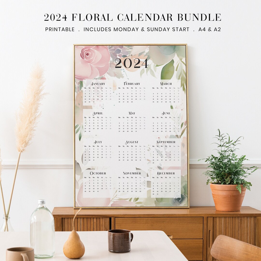 Printable Calendar 2024, Floral Calendar, 2024 Calendar, Year at a