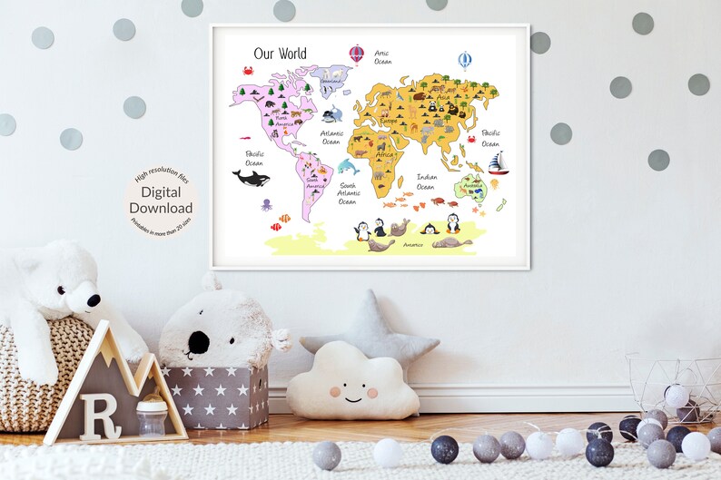 World Map Kids Safari Map Nursery World Map Educational Etsy Canada