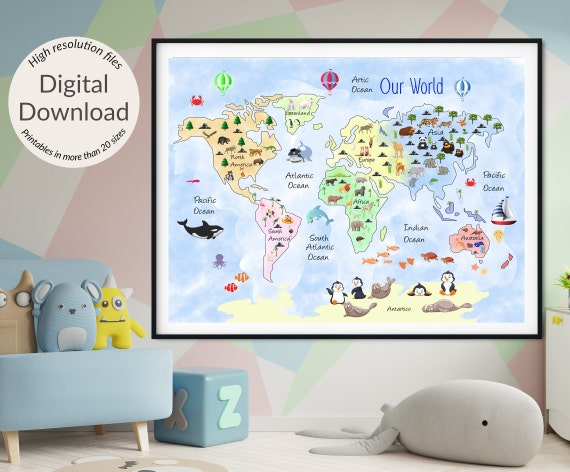 Printable World Map Kids World Map nursery Prints Beige - Etsy