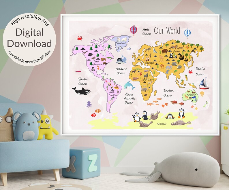 Printable World Map Kids World Map nursery Prints Beige Etsy Canada
