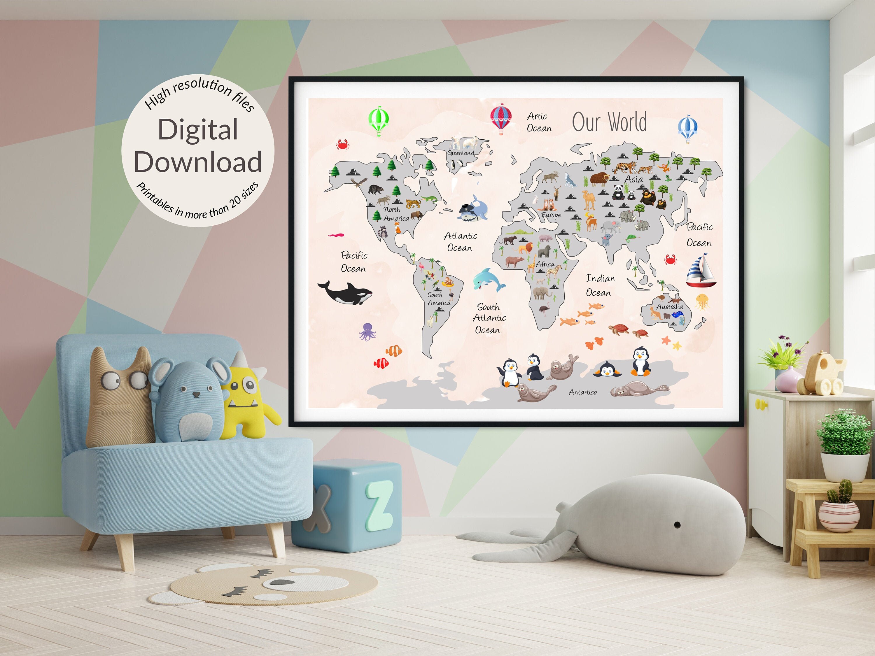 kids world map Nursery Prints Child's Birthday Present. Beige world map Nursery wall art
