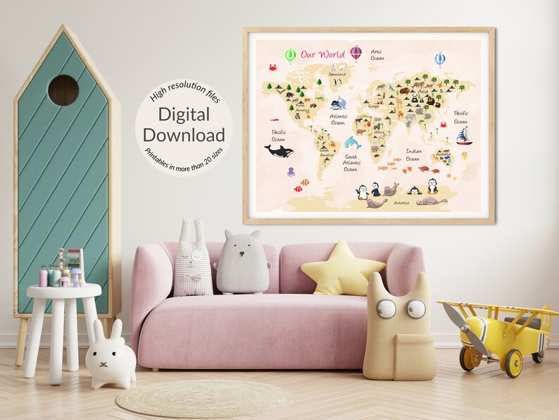 Printable World Map Kids World Map nursery Prints Beige Etsy Canada