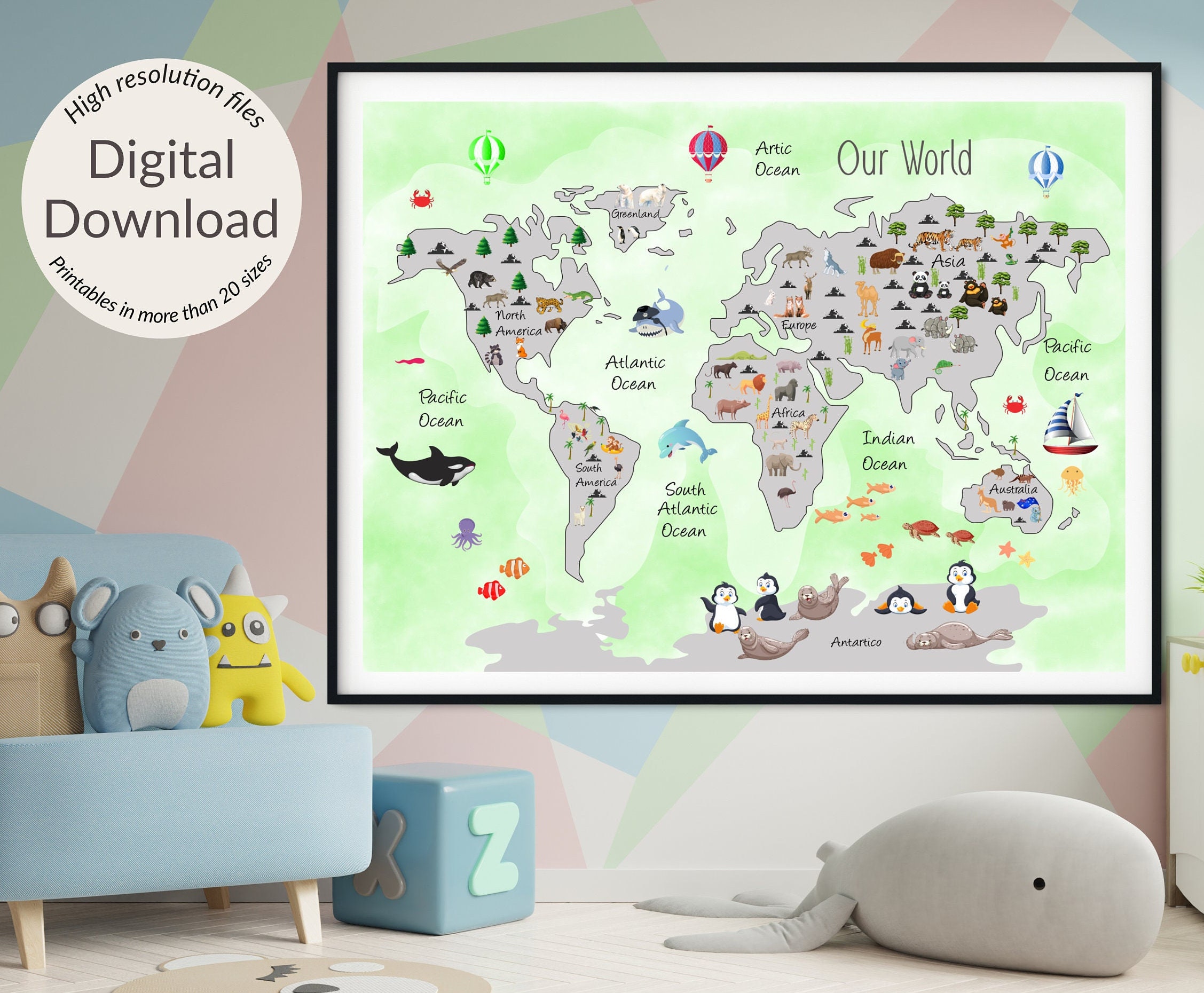 kids world map Nursery Prints Child's Birthday Present. Beige world map
