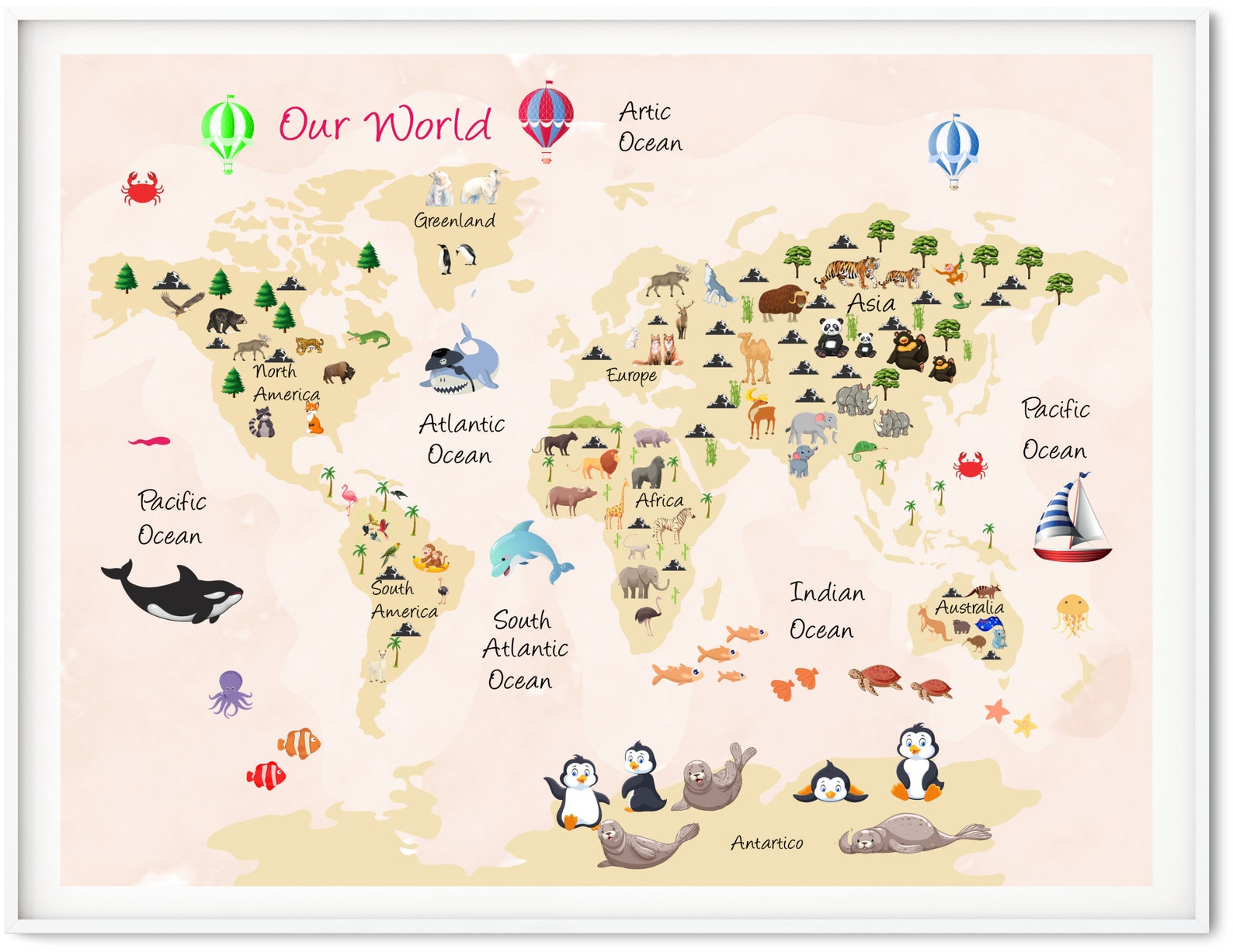 Printable World Map Kids World Map nursery Prints Beige | Etsy Canada