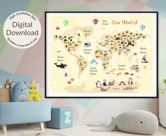 Printable World Map Kids World Map nursery Prints Beige - Etsy
