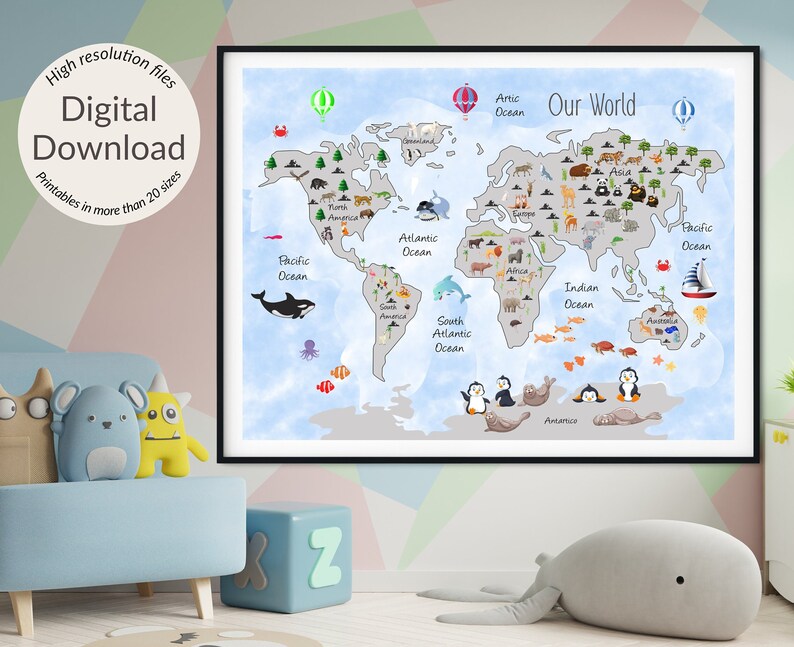 Printable World Map Kids World Map nursery Prints Beige Etsy