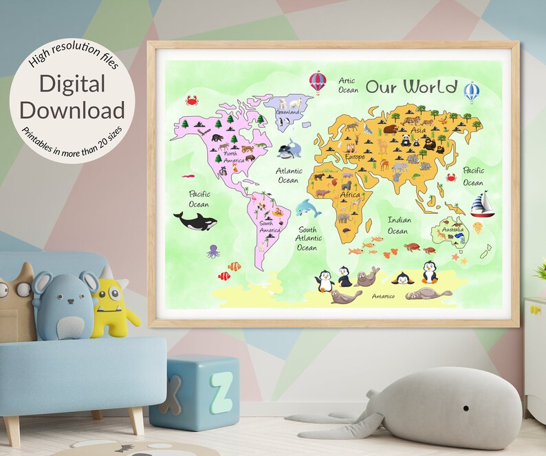 Printable World Map Kids World Map nursery Prints Beige Etsy Hong Kong