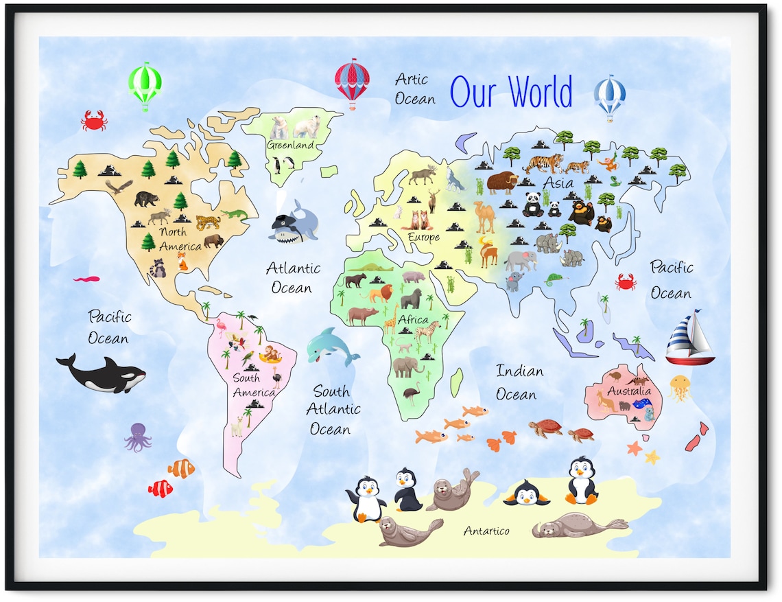 Printable World Map Kids World Map nursery Prints Beige Etsy