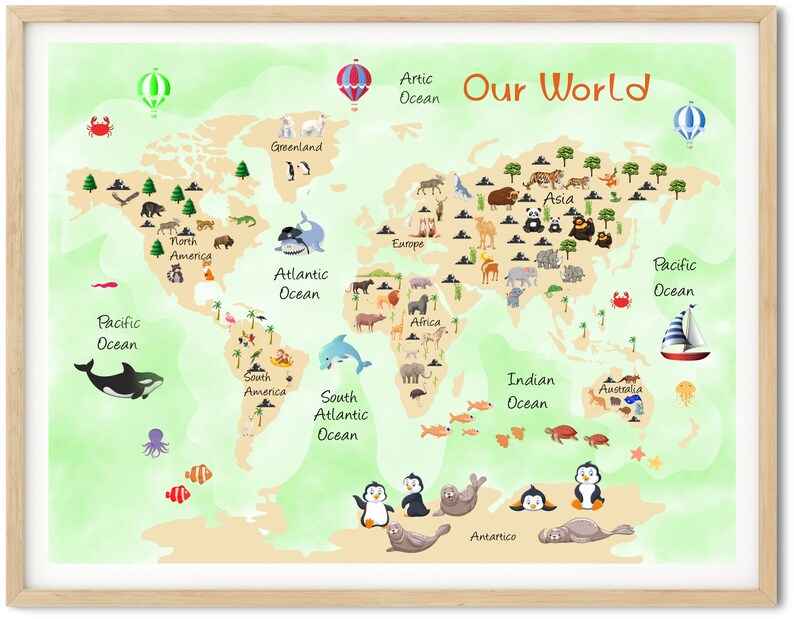 Printable World Map Kids World Map nursery Prints Beige - Etsy