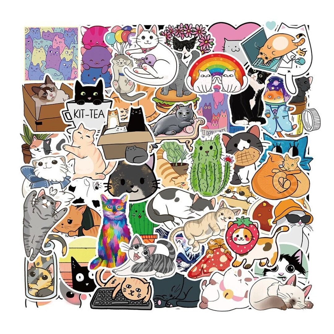 50 Cute Cats Stickers Pack Funny Cat Vinyl Stickers for - Etsy