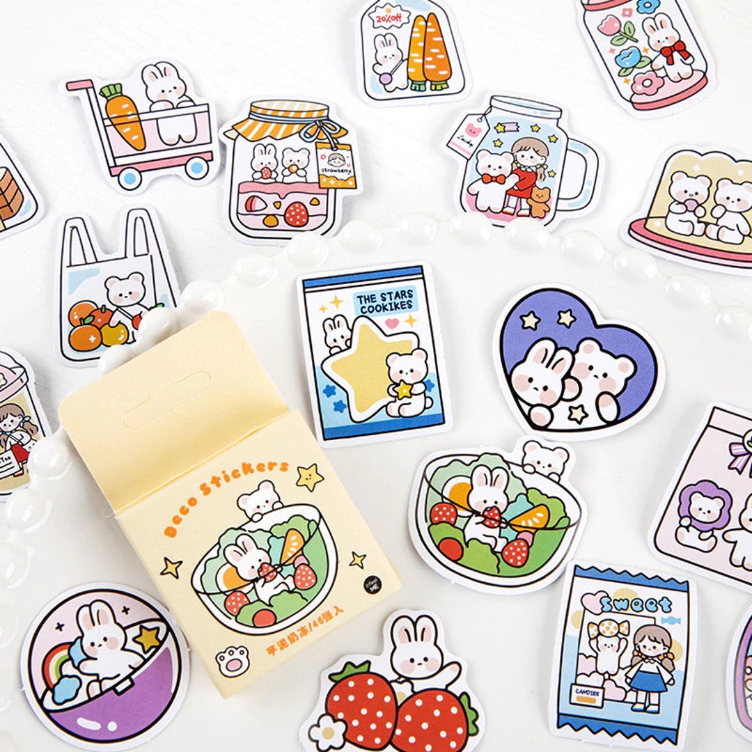 46 Pcs Kawaii Mini Paper Stickers Pack, Cute Animals Flowers Food