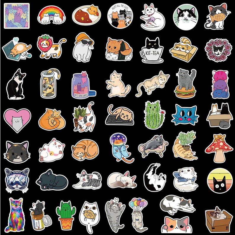 50 Cute Cats Stickers Pack Funny Cat Vinyl Stickers for - Etsy