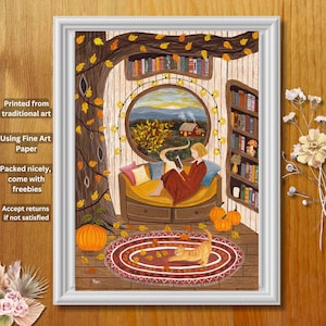 Stampa artistica con illustrazione di lettura autunnale, decorazione artistica autunnale, ragazza che legge un libro, casa accogliente in stile hobbit, arte della casa degli hobbit