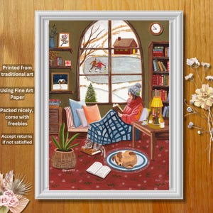 Stampa artistica Illustrazione di lettura invernale accogliente, Decorazione murale con stampa invernale, Arte di una ragazza che legge un libro, Casa accogliente in inverno, Illustrazione a guazzo
