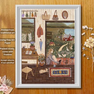 Stampa artistica "La sua vita in cottage", illustrazione a guazzo di una casa di campagna, arte popolare di campagna, arredamento accogliente, bella arte estetica in cottage