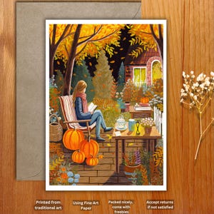 Postal, impresión artística A6. Ilustración de lectura otoñal acogedora, otoño acogedor, arte de lectura en casa acogedora, tarjeta de cabaña acogedora en otoño.