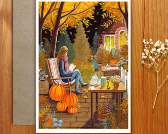 Carte postale, impression d'art A6. Illustration de lecture d'automne confortable, saison d'automne confortable, art de livres de lecture à la maison confortable, carte de cottage confortable en automne.