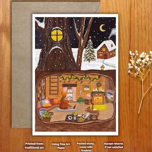 Postkarte A6 Print Cozy Winter Underhouse, Weihnachtsdekor Kunst, warm verschneiter Winter, Märchen, Cottagecore, Mädchen und Tier, Cozy home art