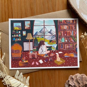 Postkarte, A6 Kunstdruck. Girl Genieße Ihren Maltag In Ihrem Cozy Cottagecore Studio, Cottagecore gemütliches Haus Kunst, Grußkarte