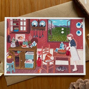 Stampa cartolina A6, illustrazione di una ragazza che vive comodamente a casa sua, arte cottagecore primaverile - biglietto d'auguri, biglietto "Casa accogliente"