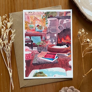 Postal A6 Impresión de arte. Acogedora cabaña en la temporada de otoño Tarjeta de felicitación de ilustración, acogedora sala de estar Cottagecore en otoño con acogedora chimenea