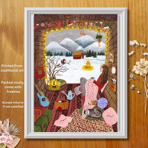 Kunstafdruk Gezellig kamperen in de winter, Van Life in Winter, kerstdecoratie, warme besneeuwde winter, gezellige Cottagecore-kunst