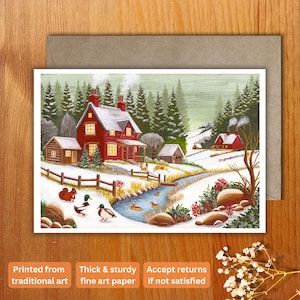 Cartolina accogliente vita in fattoria in inverno, illustrazione natalizia, biglietti di auguri cottagecore stile di vita invernale, fattoria, natura, animali domestici, animali ispirati