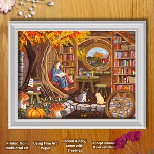 Stampa artistica con illustrazione di lettura autunnale, decorazione artistica autunnale, ragazza che legge un libro, casa accogliente in stile hobbit, arte della casa degli hobbit