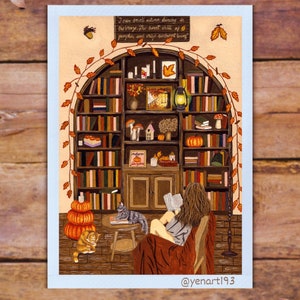 Cozy Autumn Reading Illustration - A4 A5 Print Wall Art  - book and cozy vibe lovers