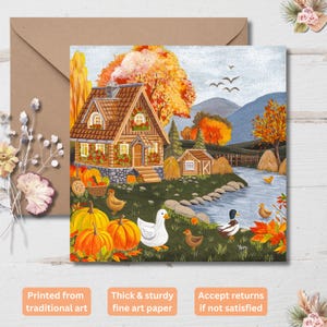 Postal/Impresión artística de 15 x 15 cm. Ilustración acogedora de otoño estilo cottagecore. Tarjeta de felicitación de otoño. Cabaña acogedora, campo, arte natural.