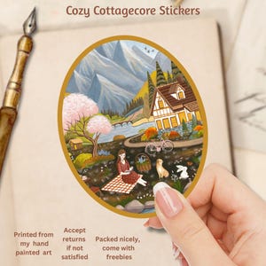 Pegatinas de estilo cottagecore, arte de lectura, arte de paisajes naturales, amor propio, cottagecore acogedor y lindo, paisaje rural, pegatinas de diario.