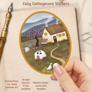 Pegatina de estilo cottagecore, casa de campo acogedora, diario/álbum de recortes/pegatina bonita, arte cottagecore, paisaje rural, pegatina de arte natural, vida en la granja