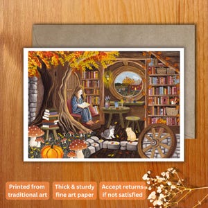 Carte postale, impression d'art A6. Illustration de lecture d'automne confortable, saison d'automne confortable, art de livres de lecture à la maison confortable, style de maison de Hobbit, art de cottage confortable