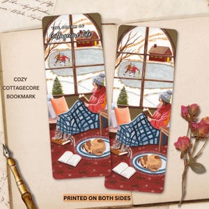 Racconti con segnalibri - Ragazza che legge comodamente nel suo cottage. Arte invernale Cottagecore. Amante dei libri. Regalo per topi di biblioteca, Cancelleria carina, Arte accogliente