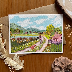 Stampa cartolina A6 - La vita del suo cottage nell'illustrazione primaverile/estiva, Arte Cottagecore, Stagione primaverile/estiva, Natura, Biglietto d'auguri di campagna