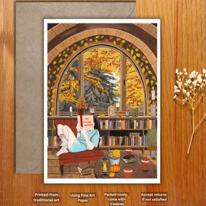 Impresión artística en formato postal A6. Lectura otoñal acogedora: ilustración acogedora para amantes de los libros y el ambiente acogedor. Tarjeta de felicitación "Acogedora temporada otoñal".