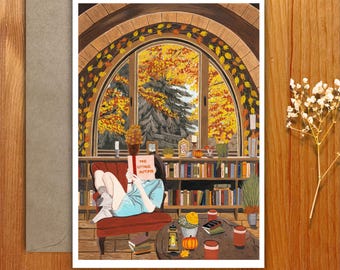 Impression d'art carte postale A6. Lecture d'automne confortable - Illustration confortable pour les amateurs de livres et d'ambiances chaleureuses - Carte de voeux confortable pour la saison d'automne