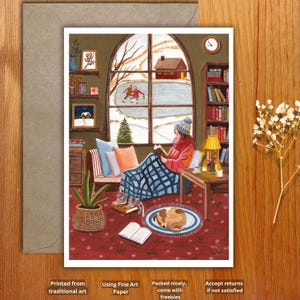 Carte postale illustration de lecture d'hiver confortable, saison d'hiver confortable, lecture de livres d'art à la maison confortable, carte de voeux, impression A6, Noël, carte d'hiver