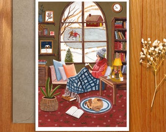 Carte postale illustration de lecture d'hiver confortable, saison d'hiver confortable, lecture de livres d'art à la maison confortable, carte de voeux, impression A6, Noël, carte d'hiver