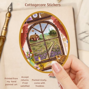 Pegatina "Vida estilo cottagecore", Vista de ventana en primavera/verano, Pegatina de diario, Paisaje natural, Libro, Amantes de las mascotas, Amor propio, Estilo cottagecore acogedor