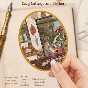 Pegatinas de estilo cottagecore, arte de lectura, arte de paisajes naturales, amor propio, cottagecore acogedor y lindo, paisaje rural, pegatinas de diario.