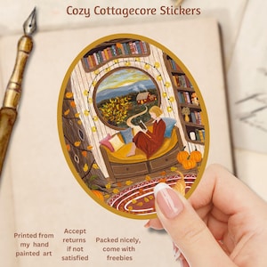 Adesivo aconchegante Cottagecore, leitura de outono, amante de livros, estação outono, adesivo de arte para casa Hobbit, adesivo de arte fofo, aconchegante e excêntrico