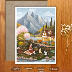 Cartolina, stampa artistica A6. La sua vita in cottagecore, vita in cottage, illustrazione, arte popolare. Stampa artistica A6. Biglietto d'auguri. Natura, campagna, arte.