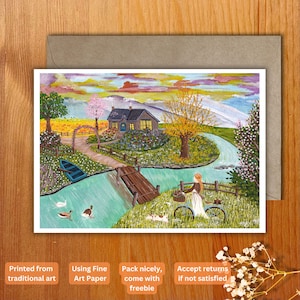 Carte postale impression A6, fille et son illustration de la vie au chalet au printemps, art cottagecore - nature, paysage de campagne Carte de vœux