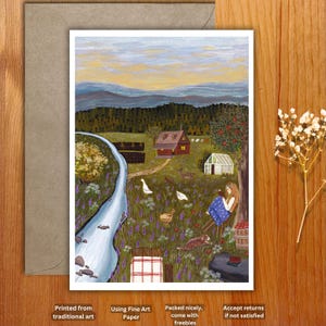 Impression de carte postale A6 - illustration de sa vie au chalet, livre de lecture pour fille, carte de voeux confortable, art cottage au printemps, nature, art de la campagne