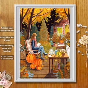 Stampa artistica Accogliente illustrazione di lettura autunnale, La sua vita in stile cottage, Decorazione artistica autunnale, Ragazza che legge un libro in autunno, Accogliente casa in stile cottage