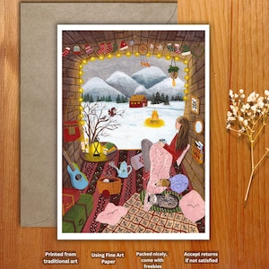 Postcard Cozy Life In Winter, Christmas Cozy illustration, Greeting cards for cottage winter lifestyle, Cozy Home/Cottage, Nature inspired