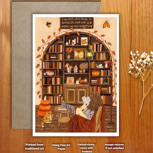 Cartão postal, impressão artística A6. Ilustração de leitura aconchegante de outono, Outono aconchegante, Arte de livros de leitura aconchegante em casa, Cartão comemorativo.