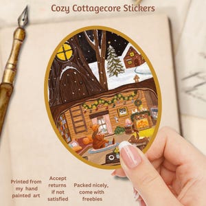 Pegatina "Invierno acogedor", "Navidad acogedora con ilustración de animales", pegatina para momentos de tranquilidad relajante, casa subterránea, cuento de hadas, arte cottagecore