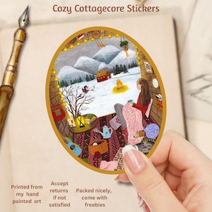 Pegatina Arte invernal acogedor, Ilustración navideña acogedora con animales, Pegatina artística para momentos de tranquilidad relajante, Arte natural